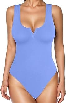 Popilush Bodysuits for Women Tummy Control Henley Going Out Shirts Button Down Body Suit Thong Tank Tops