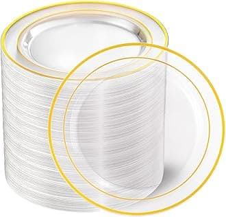 I00000 100PCS Clear Gold Plastic Plates, Clear Dinner Plates with Gold Rim 10 Inch, Fancy Disposable Wedding Premium Plastic Plate for Wedding & Party