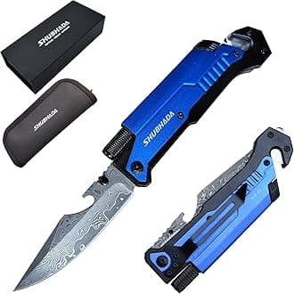 Damascus Steel Folding Pocket Knives Multi Function Emergency Tool Knives Led Light Magnesium fire starter Seatbelt cutter Glass breaker Bottle opener (Blue)