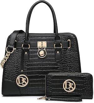 Women Handbags Top Handle Satchel Purse Shoulder Bag Hobo Bag Work Bag Set 2pcs (Croco Black)