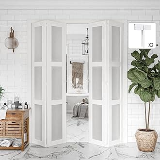 BARNER HOME Bi-Fold Doors, for 60"x 80" (Double 30" x 80" Doors) Opening, 3-lite Tempered Frosted Glass Panel, MDF, White Closet Door