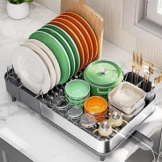 Extendable Dish Drying Rack - Multifunctional Stainless Steel Dish Rack with Dual Parts, Expandable Dish Drainer for Kitchen Counter, Medium Size, Gray