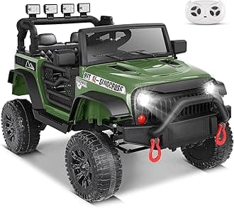 HikoleRide on Car w/Remote Control, Toddler Jeep, 24V Power Wheel Toy, 400W Motors, 3 Speeds, Multi-Terrain Traction, Front Lights, Bluetooth/MP3/USB, Wide Seat for 1 Kid, Gift, Army Green
