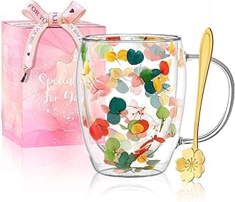 Arefen Gifts for Women Dried Flowers Double Wall Glass Coffee Mugs Cute Glass Tea Cups with Handles Christmas Birthday Gift for Best Friend Teacher Mum Gifts New Home Gift Ideas Autumn Mug Home Decor