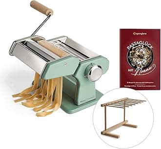 Springlane Kitchen Manual Pasta Maker, Stainless Steel, Includes Recipe Booklet, Pasta Dryer & 3 Cutting Attachments for Spaghetti, Lasagna, Tagliatelle - Mint