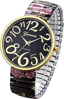 AvanerElastic Strap Wristwatch, Big Number Analog Quartz Bracelet Watch, Printed Band Bangle Watch for Women