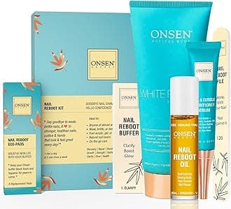 Onsen Secret Ultimate Nail Reboot Kit - Cuticle Oil, 3-Way Block w/Replacement Pads, Nail Strengthening Cuticle Cream, Professional Nail File and Buffer & Anti Aging Hand Lotion