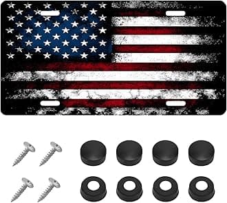DXNQ Vintage American Flag Front License Plate Frame, Personalise USA Flag Car Front License Plate Tag with 4 Screws, Aluminum Rust-Proof Patriotic US Flag Vanity Tag Auto Plate Decor (Black & Red)