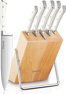 6 Pieces Kitchen Knife Set Knife Block Set with High Carbon German Stainless Steel, Sharp Knife Set with Stylish Wooden Block, White
