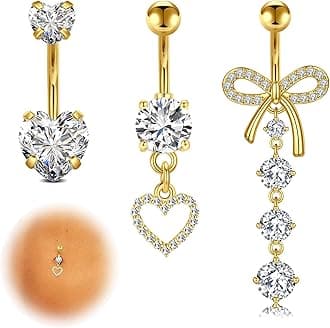 14G Dangle Belly Button Rings - Surgical Steel Silver and Rose Gold CZ Piercing Jewelry for Women