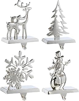NIGHT-GRING Christmas Stocking Holder - Set of 4 Bronze Stocking Hangers Snowman Santa Snowflakes Christmas Tree Deer Christmas Stocking Hooks Christmas Decoration for Fireplace, Shelf,Staircases