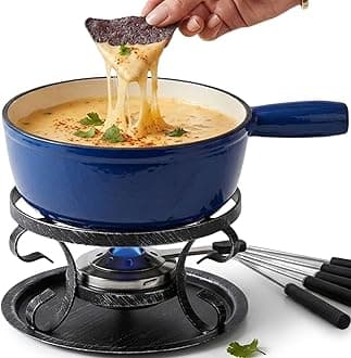 Artestia 10-Piece Cast Iron Cheese Fondue Pot Set, 2.1 Qt Swiss-Style Fondue Set for 6 with Burner, Stand & 6 Forks, Blue, for Chocolate, Broth & Dips