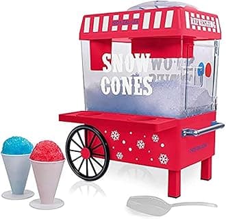 Nostalgia Vintage Countertop Snow Cone Machine - Slushie Machine - Shaved Ice Machine and Crushed Ice Maker - Makes 20 Icy Treats, Includes 2 Reusable Plastic Cups & Ice Scoop – Red