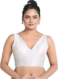 Madhu Fashion Women's Sleeveless Solid Pattern V Neck Readymade Saree Blouse