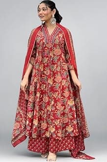 MEERA FAB Women's Cotton Blend Anarkali Printed Kurta with Palazzo & Dupatta