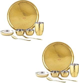 Ebun Heavy Gauge Stainless Steel Dinner Set | Gold PVD Plated Steel Thali Set | Stainless Steel Dinner Set for Kitchen | Thali Set for Dinner | Pack of 2 | 14 Pieces | 2 Side Gold PVD Plated Thali
