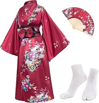 ElibelleJapanese Anime Women's Kimono Robe Geisha Yukata Sweet Dress Blossom Satin Bathrobe Sleepwear Fans Tabi Socks Set