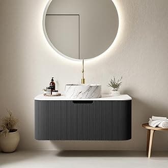 36" Floating Bathroom Vanity with Sink, Natural Solid Wood Modern Bathroom Vanities with Ultra-Thin Marble Ceramic Basin and Top, Soft-Close Design, Pre-Assembled, Gloss Black