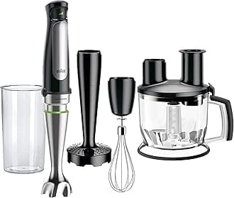 Braun 4-in-1 Immersion Hand Blender, Powerful 500W Stainless Steel Stick Blender, Variable Speed + 6-Cup Food Processor, Whisk, Beaker, Masher, Finer Blending, MultiQuick MQ7077