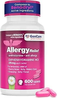 GenCare Allergy Relief Medicine – Bulk Value 600 Count Diphenhydramine 25mg – Antihistamines for Adults for Congestion, Sneezing, Runny Nose, Itchy Eyes & Throat – Pink Generic Benadryl Tablets 25 mg