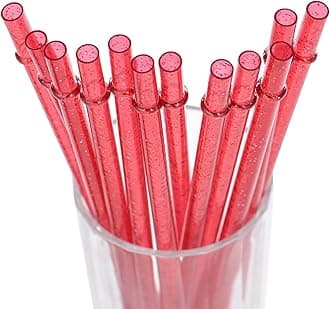 Dakoufish 12 Piece 11 Inch Long Reusable Clear Acrylic Drinking Straw with Glitter Sparkle Plus One Cleaning Brush (ADS013-11red)