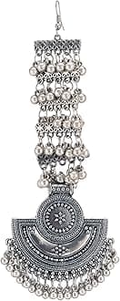 Shreyadzines Silver Plated Traditional Pearls Embellished Statement Design Oxidized Maang Tikka/Maang Tika for Women and Girls Pack of 1