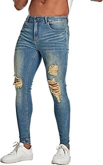 Men's Super Skinny Stretch Tapered Leg Slim Fit Ripped Distressed Jeans