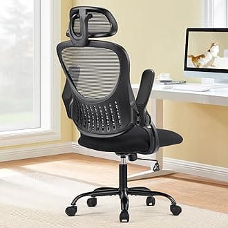 Sweetcrispy Office Computer Desk Chair, Ergonomic High-Back Mesh Rolling Work Chairs with Wheels and Adjustable Headrests, Comfortable Lumbar Support, Comfy Flip-up Arms for Home,Bedroom,Study, Black