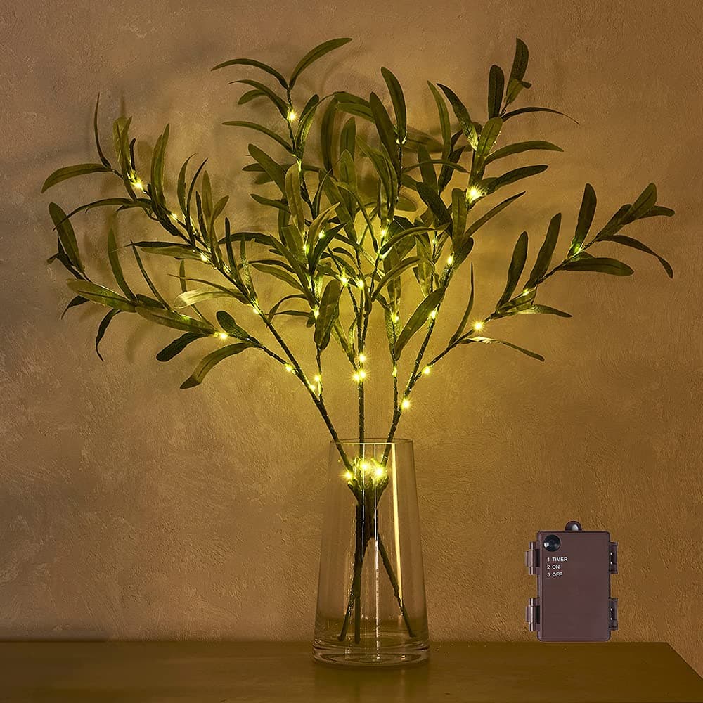 Lighted Olive Branches with Timer 24IN 72LED Battery Operated, Artificial Greenery Olive Tree Branch with Fairy Lights for Wedding Christmas Home Indoor Outdoor Decoration