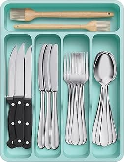 Lifewit Cutlery Drawer Organiser, Plastic Cutlery Tray for Kitchen Drawer, Utensil Flatware Silverware Holder Divider for Spoons Forks Knives Tableware, 5 Compartment, Turquoise