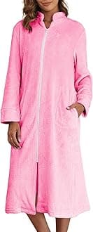 Ekouaer Women's Zip Up Robe Fleece Bathrobe Long Zipper Lounger Warm Housecoat Long Sleeve Nightgown with Pockets S-XXL