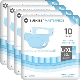 SUNKISS Masterpiece Adult Diapers with Tabs, Unisex Disposable Incontinence Briefs for Women and Men, Odor Control, Blue, L/XL, 40 Count