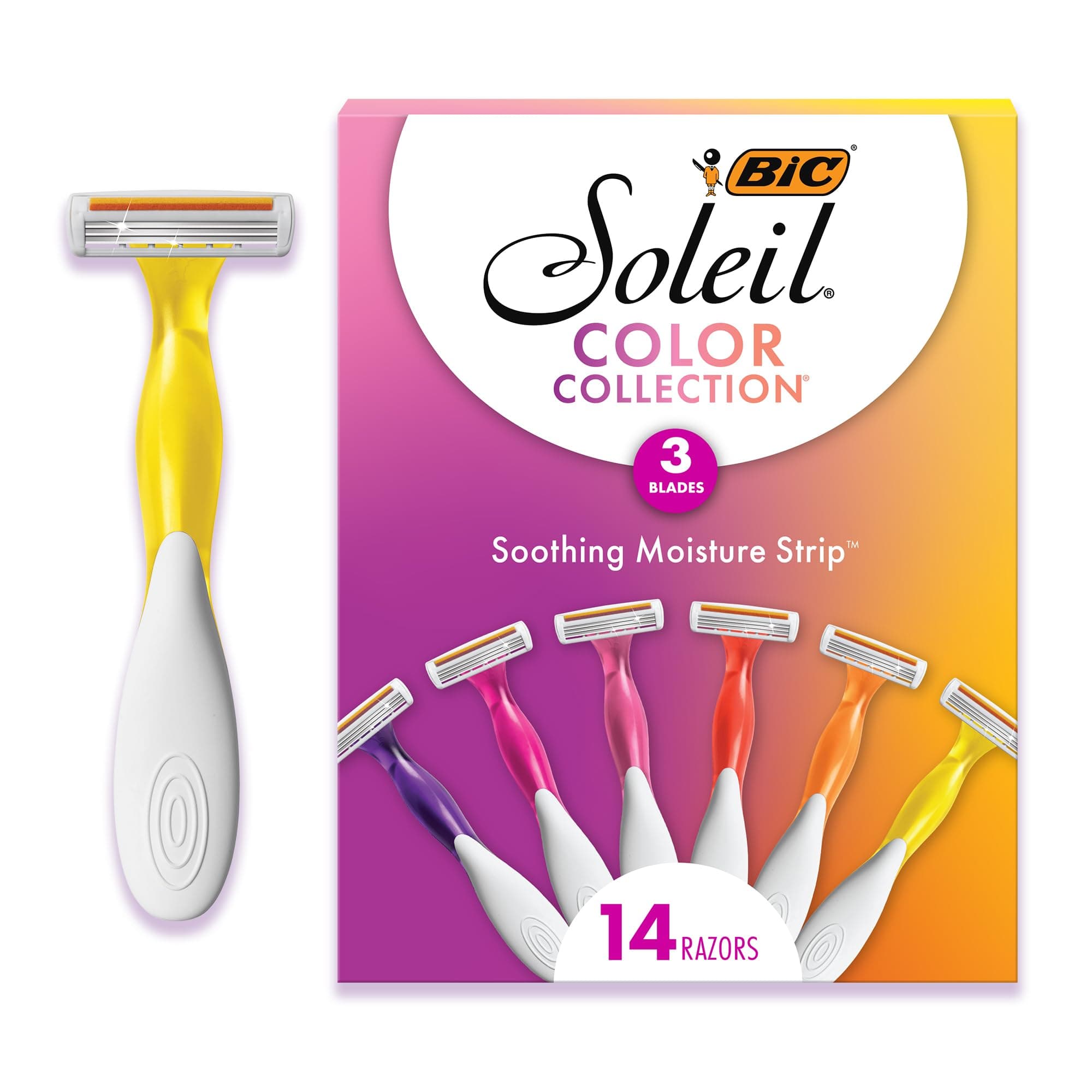 BIC Soleil 3 Colors Women's Disposable 3-Blade Razors, With Aloe Vera and Vitamin E Strip, 14-Pack