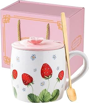 13.5oz Cute Strawberry Ceramic Coffee Mug with Lid Gold Spoon Tea Cup Cute Mugs for Women Friend Colleague Boss Gifts