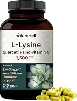 L-Lysine 1,000mg Capsules + Quercetin 250mg with Vitamin C and Zinc, 240 Count | Free Form Amino Acids, L Lysine Complex | Immune Support, Lip & Skin Health Supplement