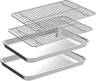 CEKEE Small Baking Sheet with Rack Set [2 Small Cookie Sheets + 2 Small Baking Racks], Stainless Steel Small Baking Pan and Grill Rack - Rust & Warp Resistant & Nonstick, Size 9.33 x 6.96 x 1 Inch