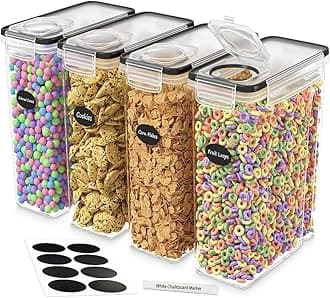 DWËLLZA KITCHEN Cereal Containers Storage 4L Set of 4 Airtight Food Storage Containers with Lids Cereal Dispenser Countertop Pantry Organization Canister for Rice Flour & Sugar 1 Marker 8 Labels