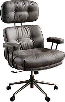 Ergonomic Home Office Chair, Mid-Century Modern Leather Chair with Lumbar Support, High Back Swivel Rolling Executive Chair with Comfy Thick Cushion (Dark Gray)