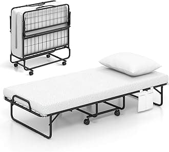 Giantex Folding Bed with Mattress and Top Pillow, Cot Portable Guest Bed w/Metal Frame, Storage Pocket & Cover, Space-Saving Rollaway Bed with Memory Foam Mattress for Adults, 75" x 31"