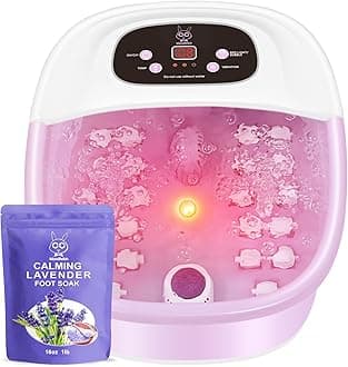 Foot Spa Bath Massager with Heat Bubbles and Vibration Massage and Jets, 16 OZ Calming Lavender Foot Soak Epsom Salt, Foot Soaker with Red Light, 22 Massage Rollers, Adjustable Temp - Pink