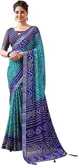 SAMAH Women's Bandhani Printed | Leheriya Printed Chiffon Saree with Unstitched Blouse Piece