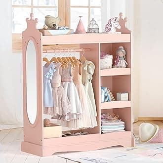 Curipeer Kids Dress up Storage with Mirror, Kids Wardrobe with 3 Hooks, Kids Closet for Girls Boys, Open Hanging Armoire Costume Organizer for Bedroom, Classroom, Preschool, Pink