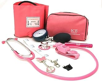 Aneroid Blood Pressure Sphygmomanometer Monitor, Stethoscope, Pen Light (Pen Torch), Tourniquet, Nurse Watch, Lanyard ID Card Holder - Starter Set (Pink with Butterfly Watch)