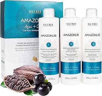 Amazonliss Keratin Hair Treatment Set 8.45 Fl Oz - Natural Ingredients ACAI, Smooths, Softens, Moisturizes, Adds Shine, Reduces Frizz. Ideal for Dry and Damaged Frizzy Hair.