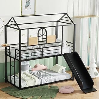Twin Over Twin Bunk Bed with Slide and Ladder, House Bunk Bed with Full Length Guardrail, Side Shelf and Slats, Balck