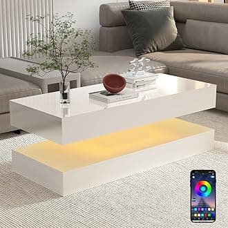 Uspeedy 47.3in Large High Glossy LED Coffee Table with 2 Storage Drawers,Black/White Modern Coffee Tables for Living Room,Living Room Tables,APP LED Lights (White)