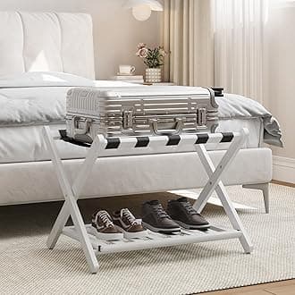 Fully Assembled White Bamboo Luggage Rack, 5 Straps Folding Suitcase Stand with Shoe Shelf, Heavy Duty Wood Large Luggage Holders for Guest Room, Bedroom, Hotel