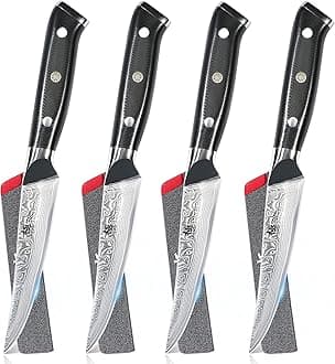 Damascus Non-Serrated Steak Knives Set of 4 - Shogun Series - Japanese VG10 Steel - with Sheath & Case