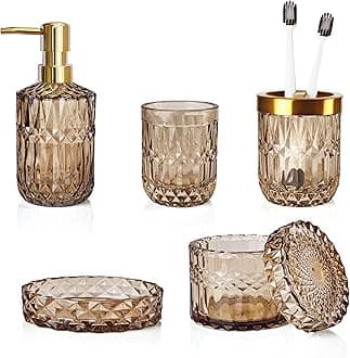Brown Bathroom Accessories Set, 5Pcs Glass Bathroom Accessories, Lotion Soap Dispenser, Toothbrush Holder Set, Soap Dish, Qtip Holder, Tumbler for Crystal Vintage Bathroom Decor, Gift Set