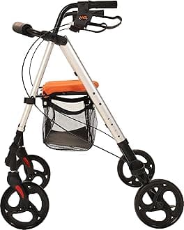 MobiQuip Aluminium Rollator, 4 Wheeled Walker with Seat and Basket, 6.4kg Lightweight Folding Mobility Aid, Silver Frame